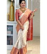 traditional cream  self design cotton silk kerala saree with unstitched blouse