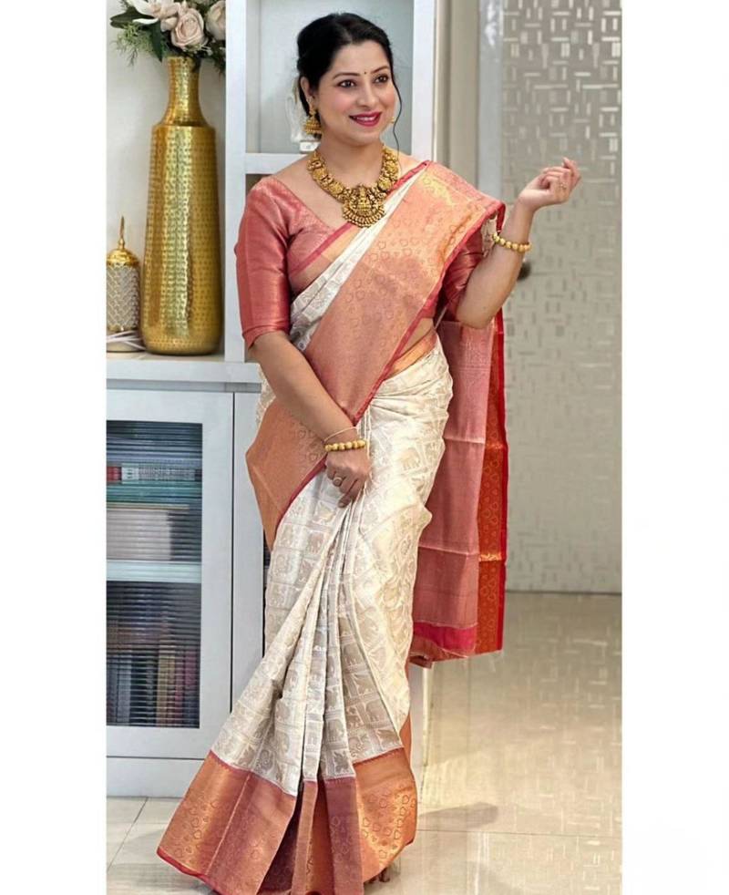 traditional cream  self design cotton silk kerala saree with unstitched blouse