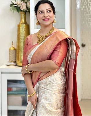  cream self design cotton silk kerala saree with unstitched blouse 2