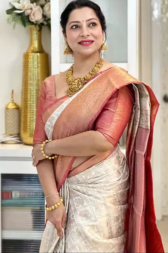  cream self design cotton silk kerala saree with unstitched blouse