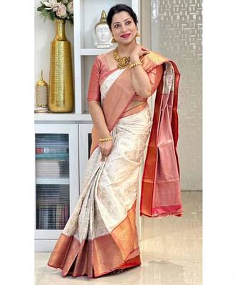  cream self design cotton silk kerala saree with unstitched blouse 3