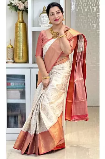  cream self design cotton silk kerala saree with unstitched blouse
