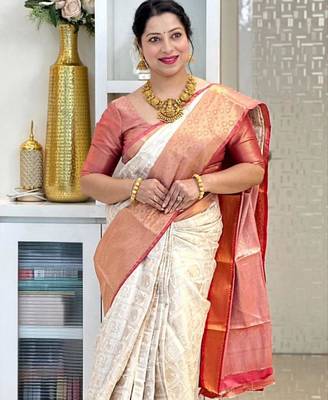  cream self design cotton silk kerala saree with unstitched blouse 4