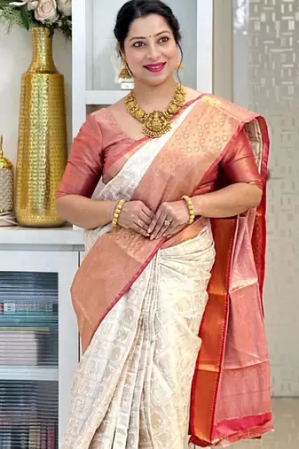  cream self design cotton silk kerala saree with unstitched blouse