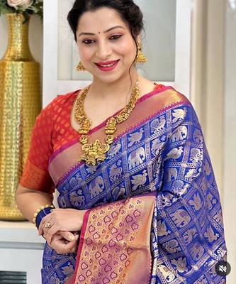 indian blue self design art silk blend light weight saree with unstitched blouse 2