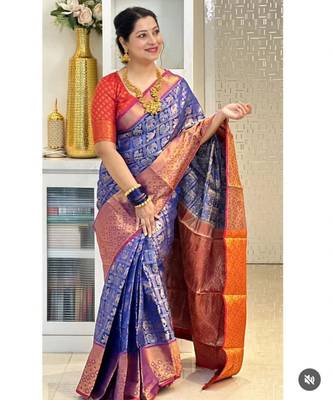 indian blue self design art silk blend light weight saree with unstitched blouse 1