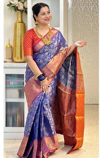 indian blue self design art silk blend light weight saree with unstitched blouse