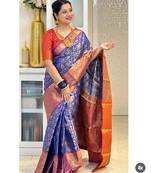 indian blue self design art silk blend light weight saree with unstitched blouse