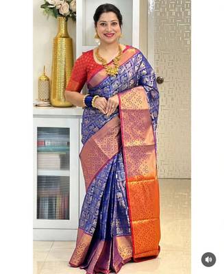 indian blue self design art silk blend light weight saree with unstitched blouse 3