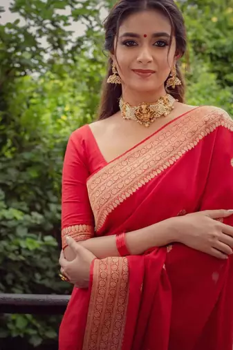 celebrity inspired red banarasi south silk fancy saree with unstitched blouse