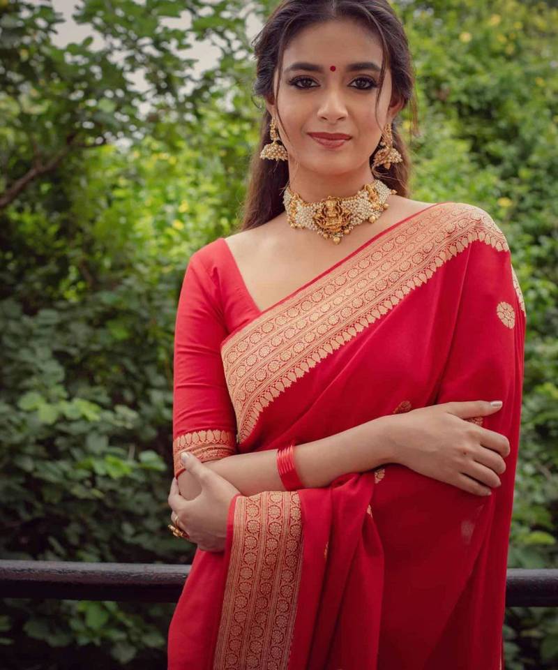 celebrity inspired red banarasi south silk fancy saree with unstitched blouse