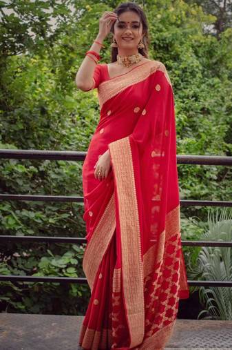 celebrity inspired red banarasi south silk fancy saree with unstitched blouse