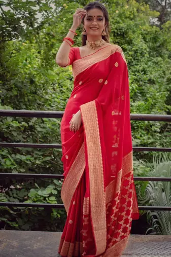celebrity inspired red banarasi south silk fancy saree with unstitched blouse