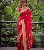 celebrity inspired red banarasi south silk fancy saree with unstitched blouse