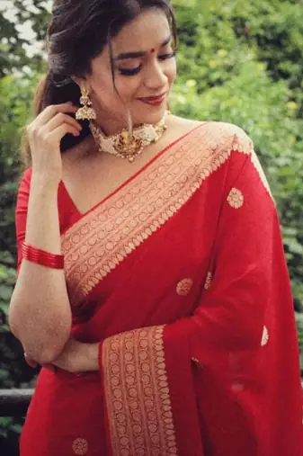 celebrity inspired red banarasi south silk fancy saree with unstitched blouse