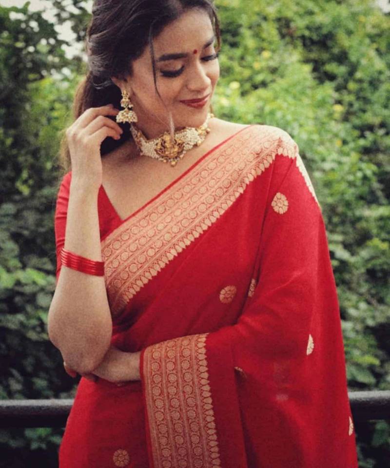celebrity inspired red banarasi south silk fancy saree with unstitched blouse