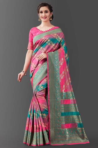 bollywood pink  self design pure art silk gift saree with unstitched blouse