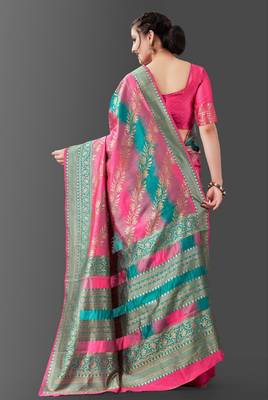  pink self design pure art silk gift saree with unstitched blouse 2
