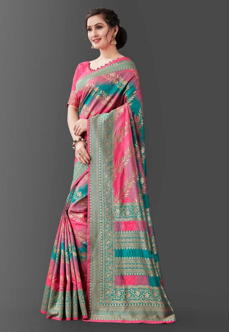 bollywood pink  self design pure art silk gift saree with unstitched blouse