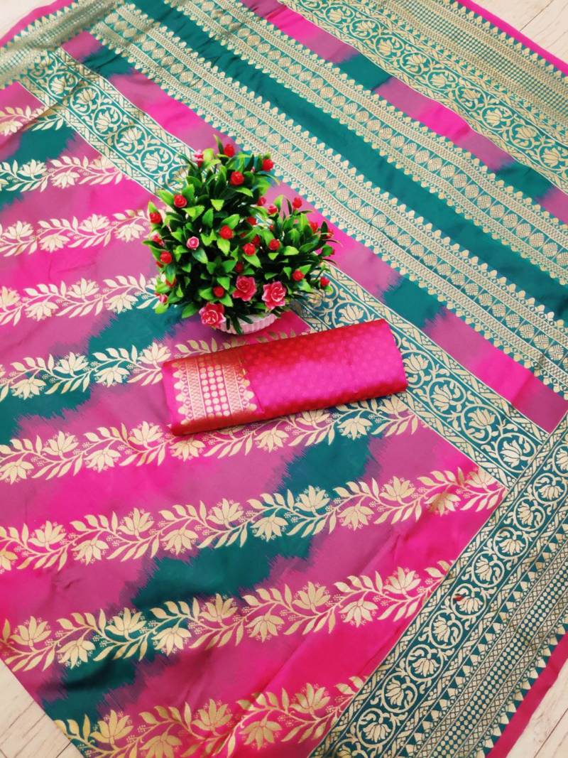 bollywood pink  self design pure art silk gift saree with unstitched blouse