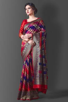 kanjivaram red self design art silk jacquard saree with unstitched blouse 1