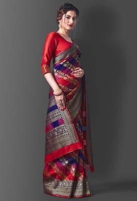 kanjivaram red self design art silk jacquard saree with unstitched blouse 3