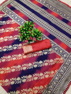 kanjivaram red self design art silk jacquard saree with unstitched blouse 4