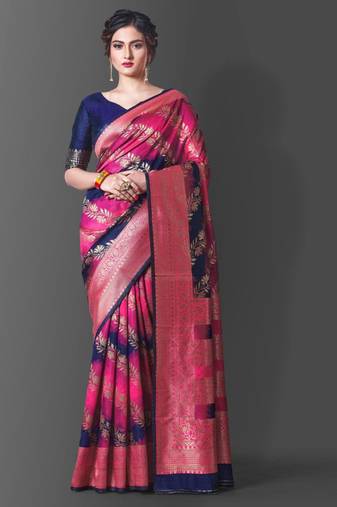 designer rani pink woven cotton silk kerala saree with unstitched blouse
