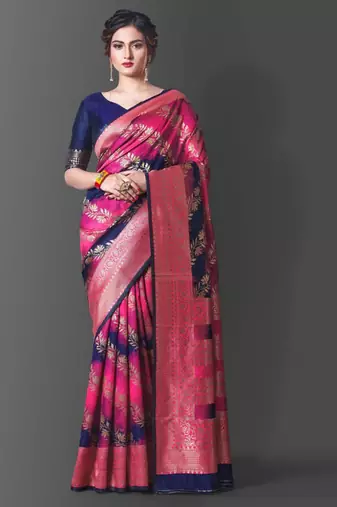 designer rani pink woven cotton silk kerala saree with unstitched blouse