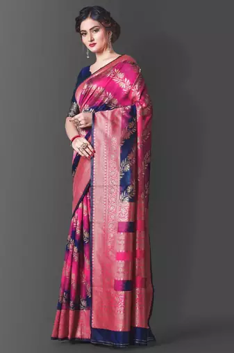  rani pink woven cotton silk kerala saree with unstitched blouse