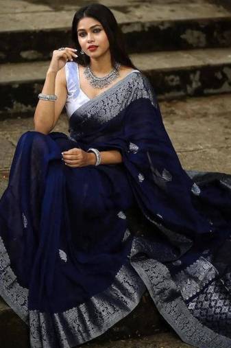 light weight navy blue resham thread pure art silk blend multicolor saree with unstitched blouse