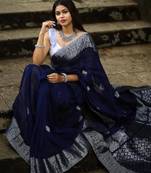 light weight navy blue resham thread pure art silk blend multicolor saree with unstitched blouse