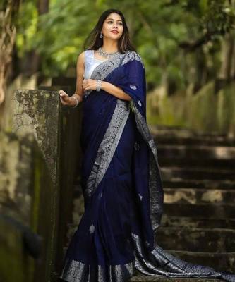 light weight navy blue resham thread pure art silk blend multicolor saree with unstitched blouse 3