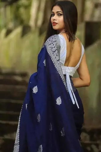light weight navy blue resham thread pure art silk blend multicolor saree with unstitched blouse