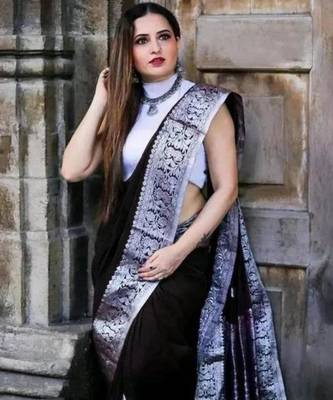 fashionable black banarasi art silk all seasons saree with unstitched blouse 2
