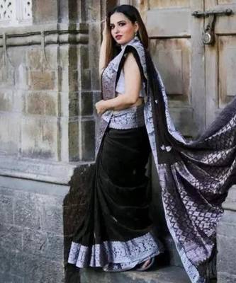 fashionable black banarasi art silk all seasons saree with unstitched blouse 3