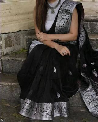 fashionable black banarasi art silk all seasons saree with unstitched blouse 4