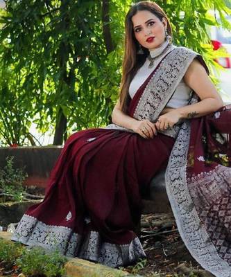 jacquard maroon self design silk cotton saree with unstitched blouse 1