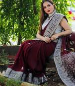 jacquard maroon  self design silk cotton bollywood saree with unstitched blouse