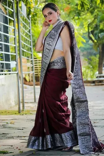 jacquard maroon self design silk cotton saree with unstitched blouse