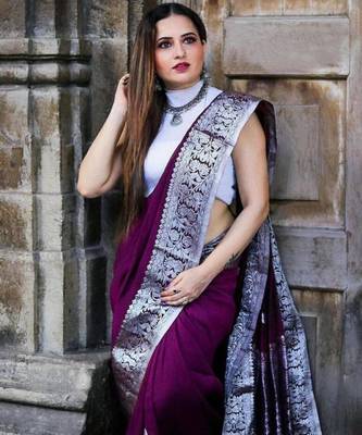  purple self design south silk fancy saree with unstitched blouse 2