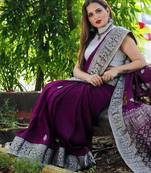 latest purple self design south silk fancy saree with unstitched blouse