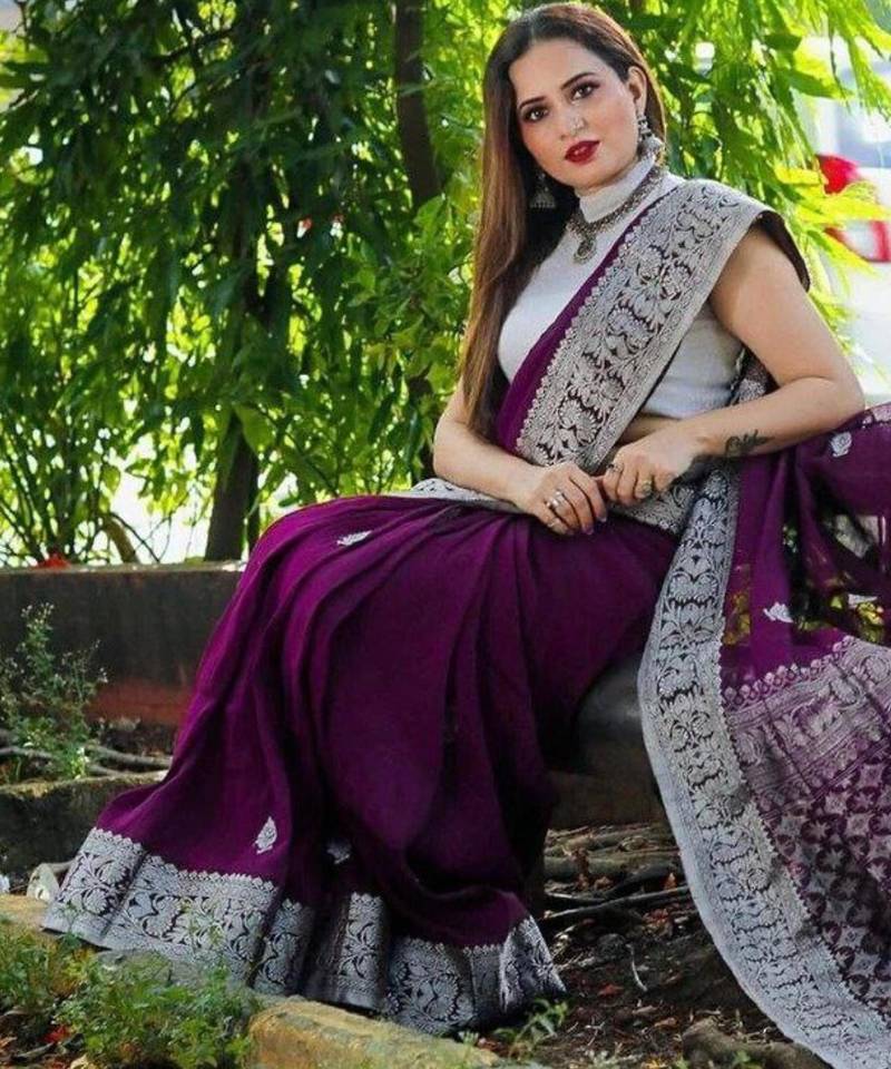 latest purple self design south silk fancy saree with unstitched blouse