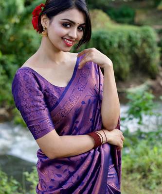  blue jacquard art silk fancy saree with unstitched blouse 2