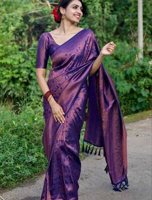  blue jacquard art silk fancy saree with unstitched blouse 3