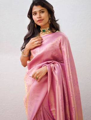 celebrity type pink resham thread cotton silk kerala saree with unstitched blouse 2