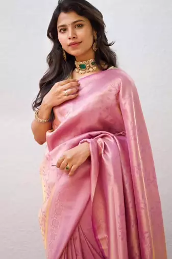 celebrity type pink resham thread cotton silk kerala saree with unstitched blouse