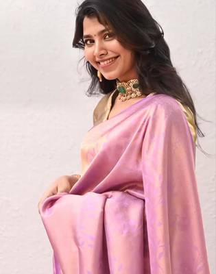 celebrity type pink resham thread cotton silk kerala saree with unstitched blouse 3