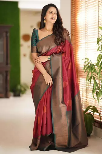 floral red banarasi art silk blend light weight saree with unstitched blouse