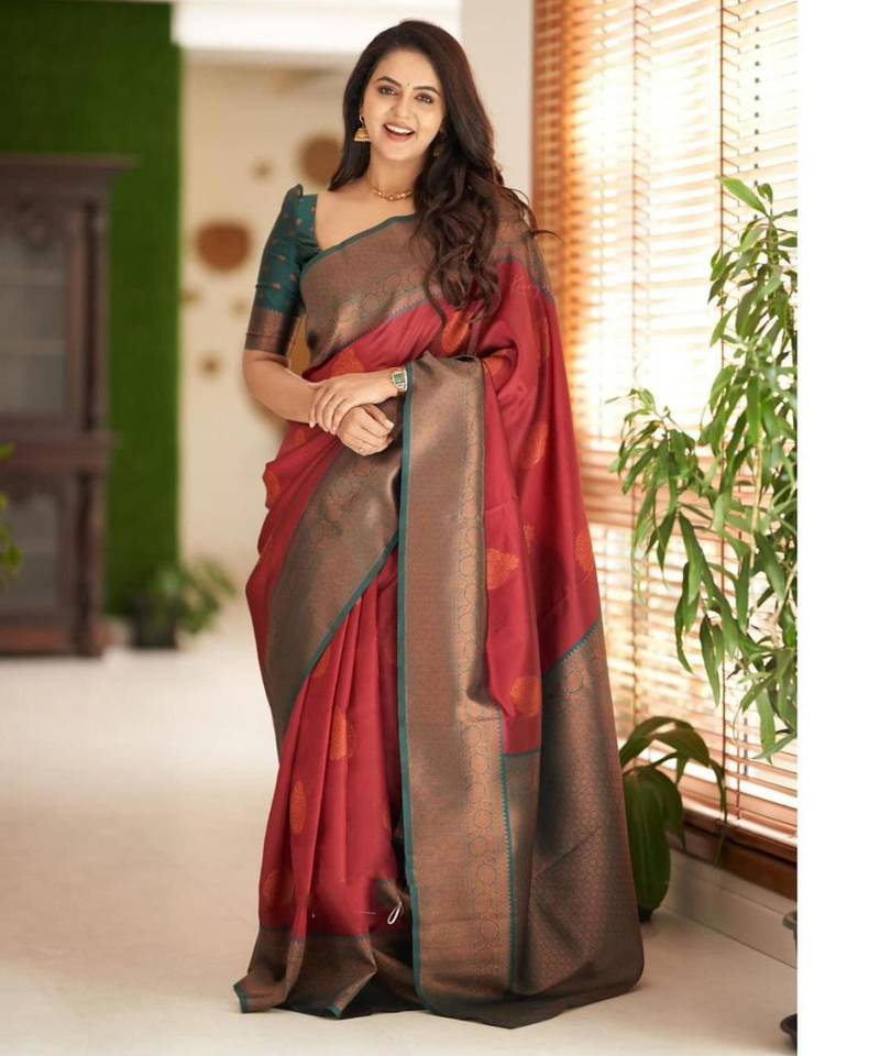 floral red banarasi art silk blend light weight saree with unstitched blouse